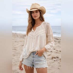 AE Cream Lace Button Down Peasant Blouse, L, Boho, Coastal Cowgirl, Ethereal